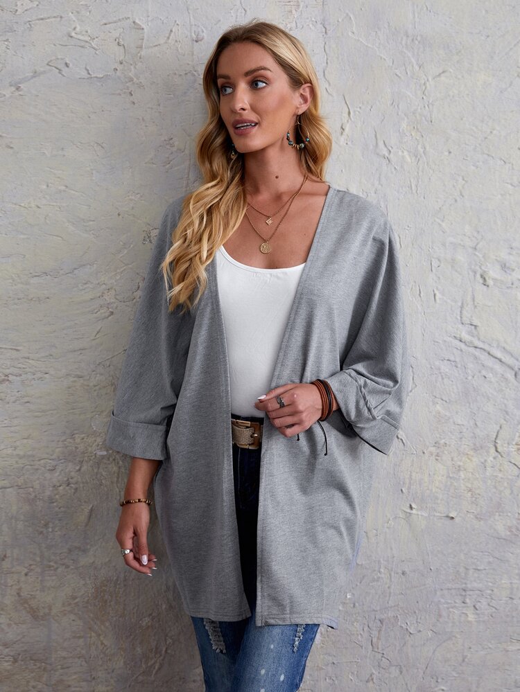 Solid Batwing Sleeve Coat - Grey - View 1