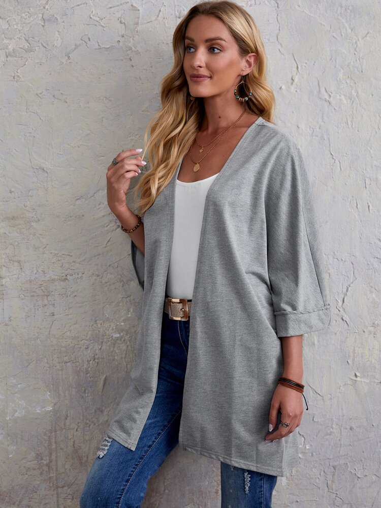 Solid Batwing Sleeve Coat - Grey - View 4