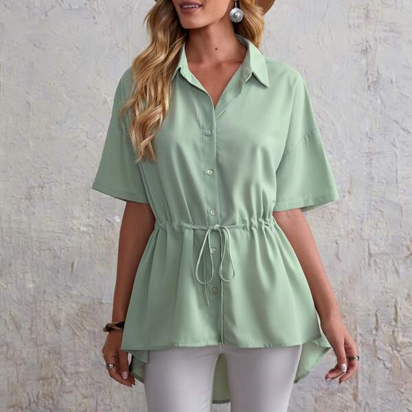 

Solid Button Front Drawstring Waist Blouse, Mint green
