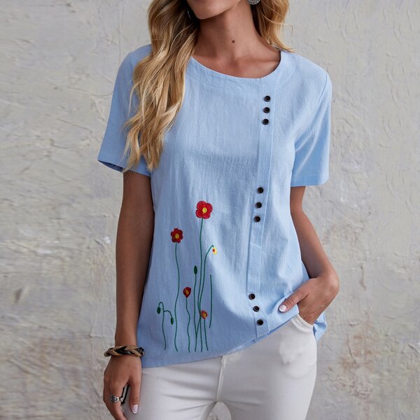 

Flower Embroidered Button Detail Blouse, Baby blue