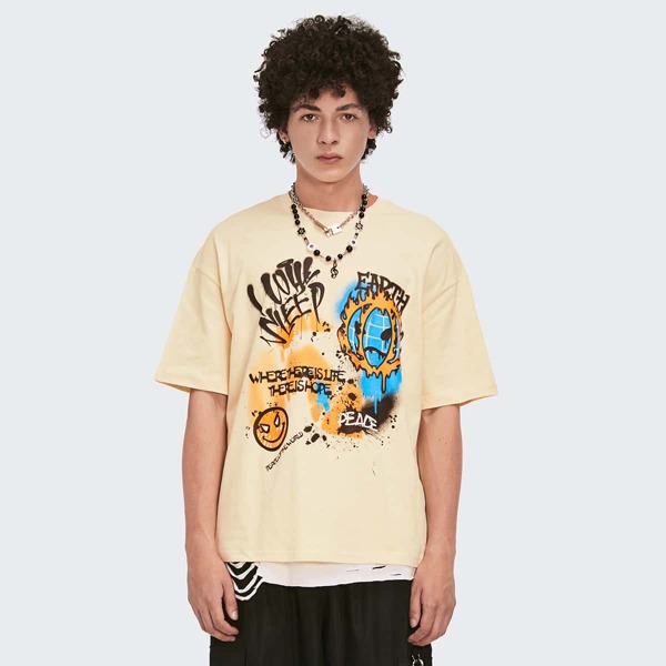 

Men Slogan & Cartoon Graphic Drop Shoulder Tee, Beige