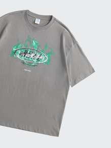 Camiseta con estampado de letra y fuego de hombros caídos - Gris - Ver 3