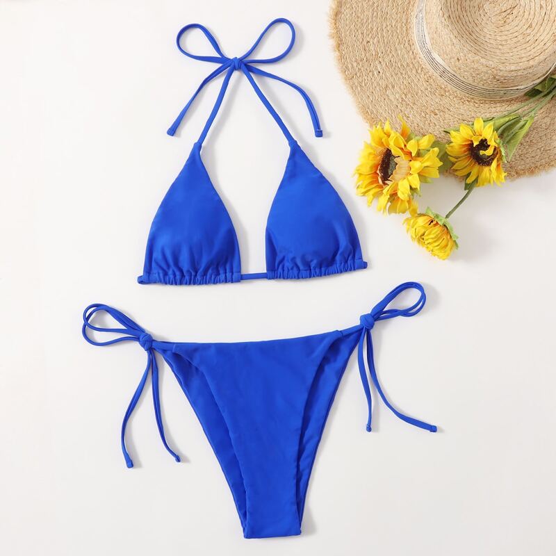 

Solid Halter Tie Side Bikini Swimsuit, Royal blue