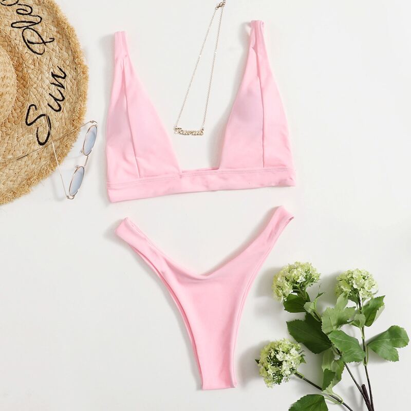 

Solid High Cut Bikini Swimsuit, Baby pink