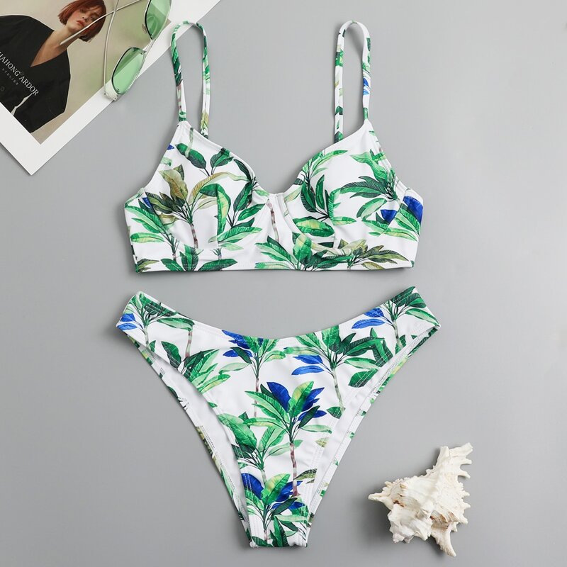 

Leaf Graphic Push Up Bikini Swimsuit, Multicolor
