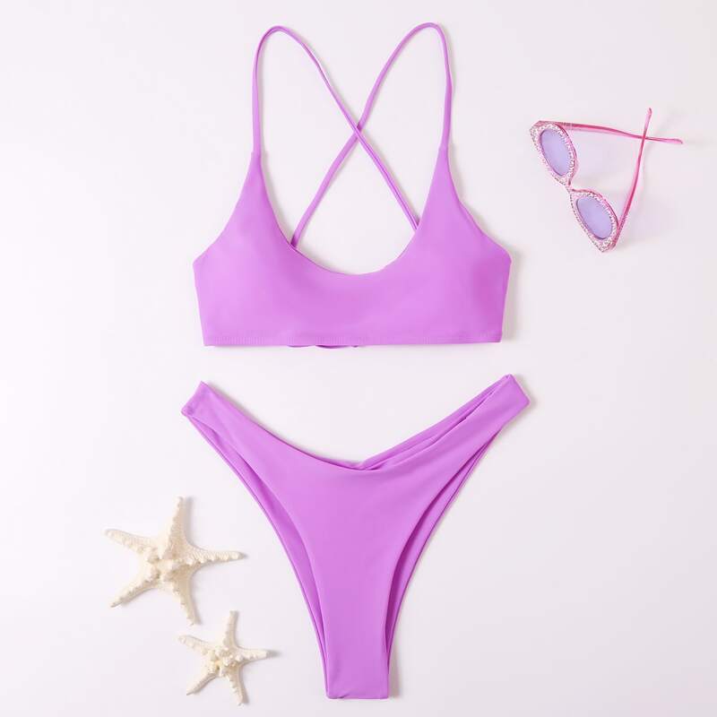 

Solid Criss Cross High Waist Bikini Swimsuit, Lilac purple