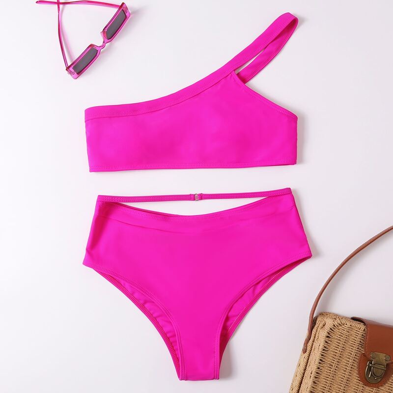 

Solid One Shoulder Cut Out Bikini Swimsuit, Hot pink