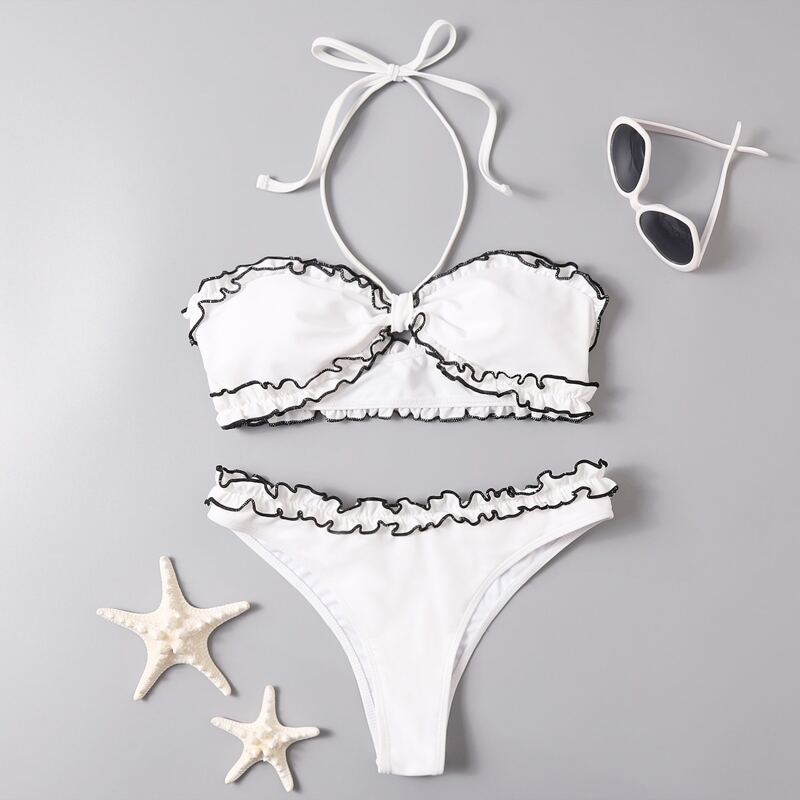 

Frill Knot Halter Bikini Swimsuit, Black and white