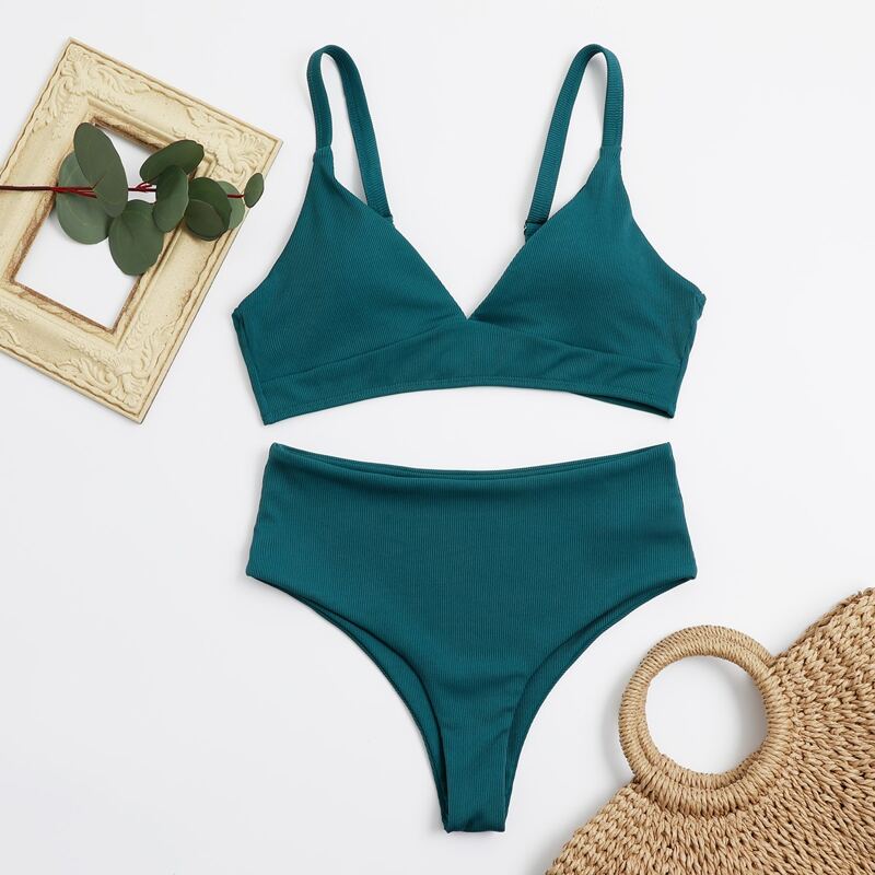 

Solid High Waist Bikini Swimsuit, Teal blue