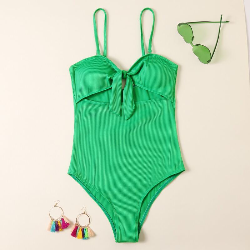 

Solid Knot Cut Out One Piece Swimsuit, Green