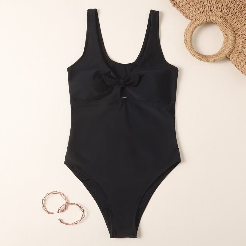 

Solid Knot Cut Out One Piece Swimsuit, Black