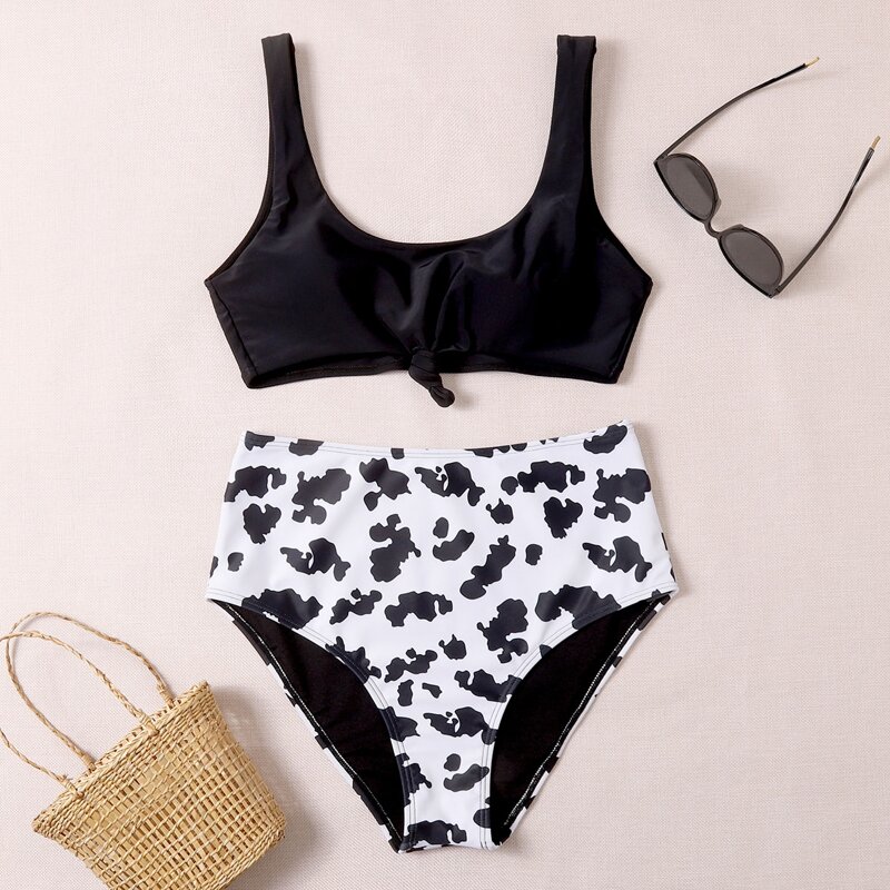 

All Over Print Knot High Waist Bikini Swimsuit, Black and white