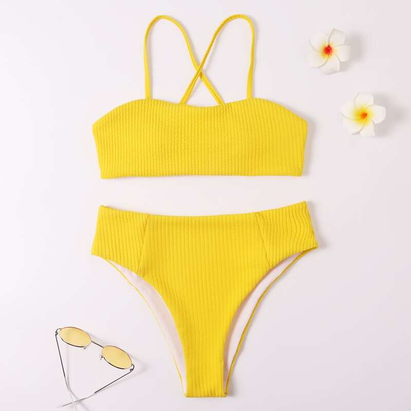 

Solid Ribbed Criss Cross Bikini Swimsuit, Yellow
