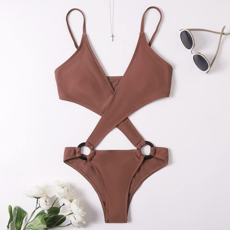 

Solid Ring Decor Cut Out One Piece Swimsuit, Coffee brown