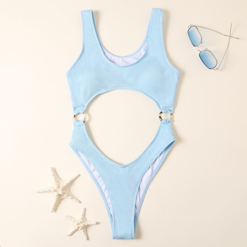 

Solid Ring Decor Cut Out One Piece Swimsuit, Baby blue