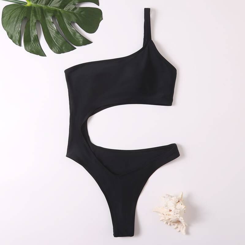 

Solid One Shoulder Cut Out One Piece Swimsuit, Black