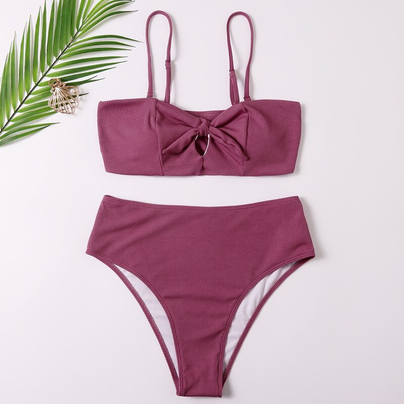

Solid Knot Cut Out High Waist Bikini Swimsuit, Purple