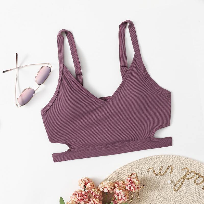 

Solid Ribbed Cut Out Bikini Top, Mauve purple