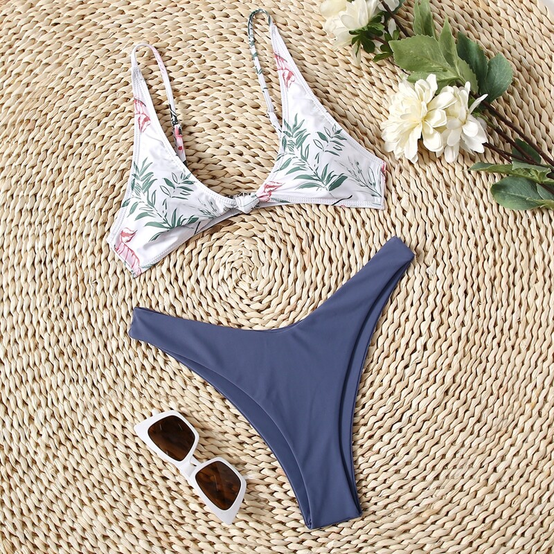 

Flower & Leaf Graphic Knot High Cut Bikini Swimsuit, Multicolor