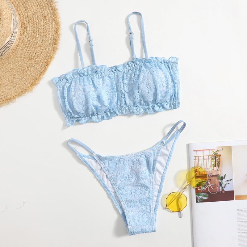 

Floral Lace Frill Bikini Swimsuit, Baby blue