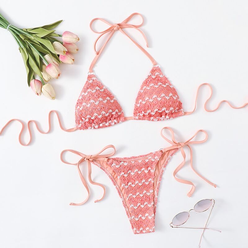 

Contrast Lace Halter Tie Side Bikini Swimsuit, Multicolor