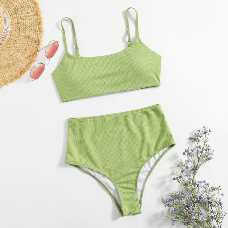 

Solid Ribbed High Waist Bikini Swimsuit, Lime green