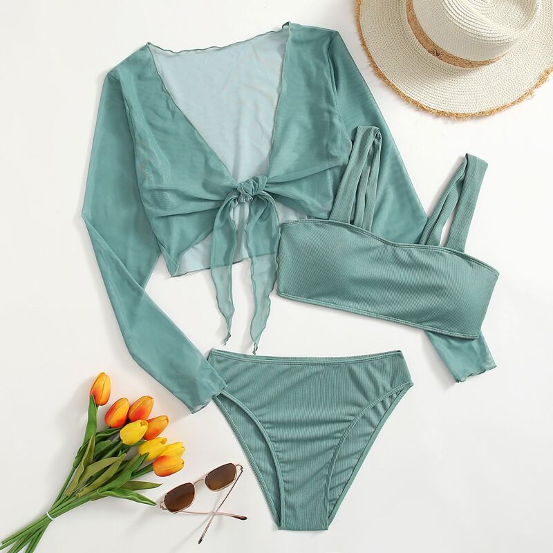 

3pack Solid Bikini Swimsuit & Cover Up, Cadet blue