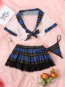 三件套格紋前結飾學校服飾套裝 - 彩色 - 查看 1