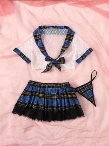 三件套格紋前結飾學校服飾套裝 - 彩色 - 查看 3