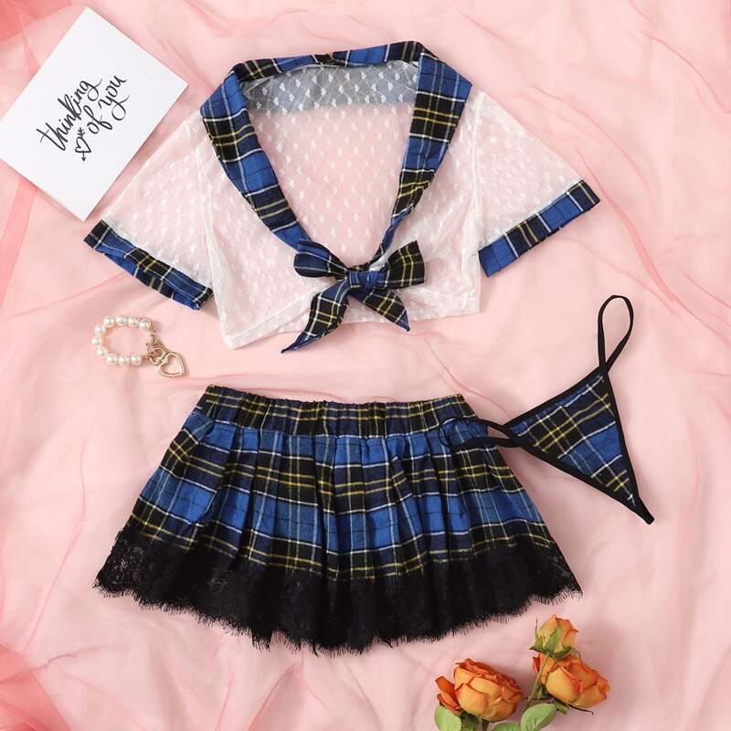 

3pack Plaid Knot Front School Costume Set, Multicolor