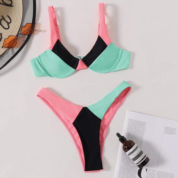 

Color Block Underwire High Cut Bikini Swimsuit, Multicolor
