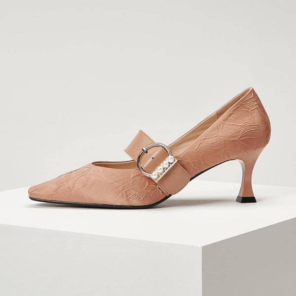 

BUCKLE DECOR LEATHER PUMPS, Champagne
