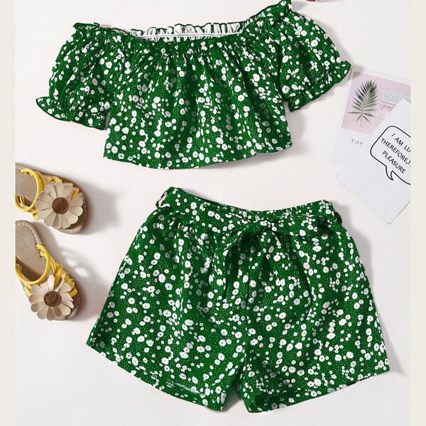 

Toddler Girls Ditsy Floral Bardot Top & Belted Shorts, Green