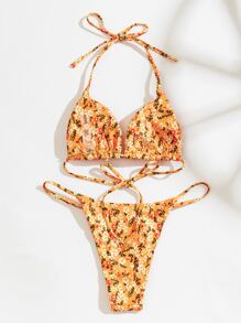 SHEIN Swim Baju Renang Bunga Boho - Jeruk - View 2