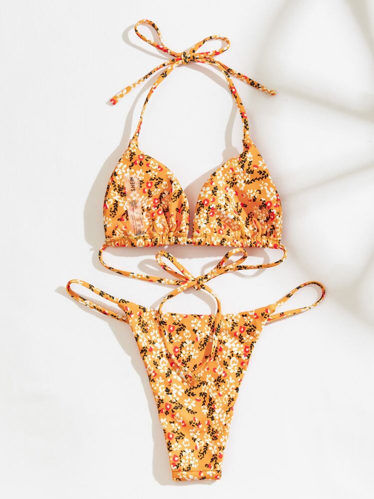 Summer Beach Ditsy Floral Halter Triangle Bra & Thong 2 Pieces Bikini Set