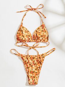 SHEIN Swim Baju Renang Bunga Boho - Jeruk - View 4