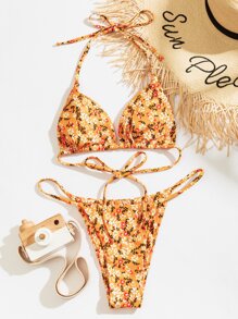 SHEIN Swim Baju Renang Bunga Boho - Jeruk - View 6