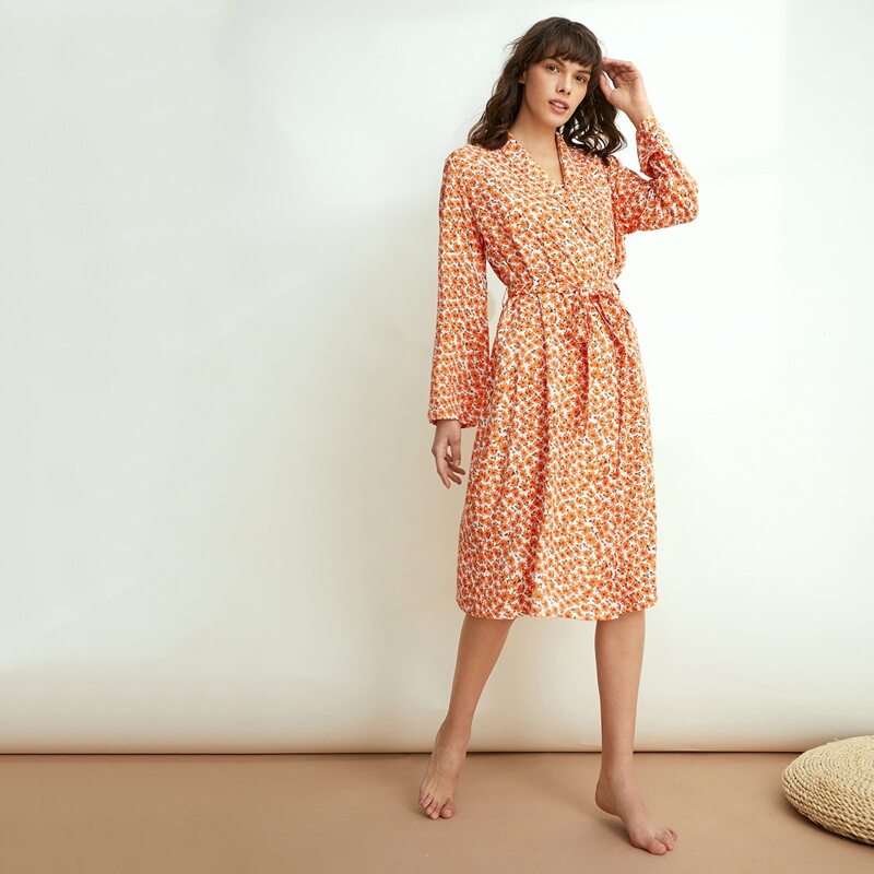 

Floral Print Belted Robe, Coral orange