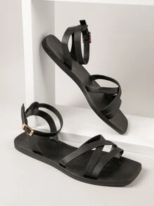 SHUZIA Dép xăng đan màu trơn Dây đeo mắt cá chân Đúng mốt - màu đen - Xem 2