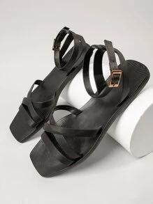 SHUZIA Dép xăng đan màu trơn Dây đeo mắt cá chân Đúng mốt - màu đen - Xem 4