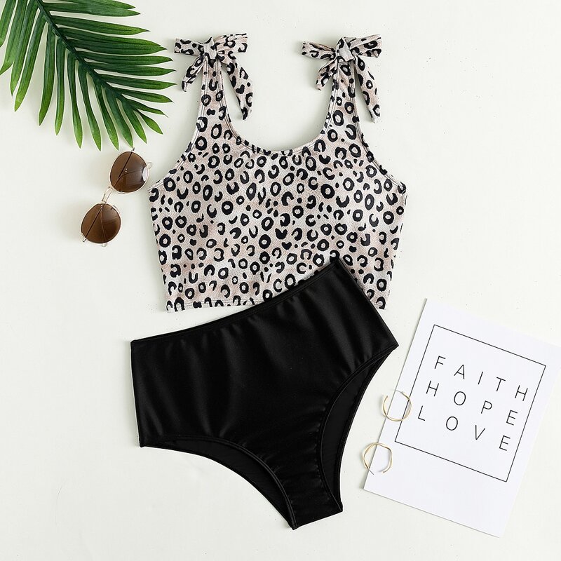 

Leopard Tie Shoulder Bikini Swimsuit, Multicolor