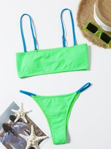 Neon Green Thong Bikini Set Summer Beach - Green - View 1