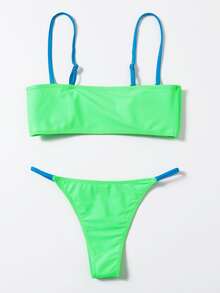 Neon Green Thong Bikini Set Summer Beach - Green - View 2
