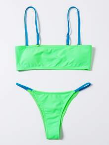 Neon Green Thong Bikini Set Summer Beach - Green - View 3