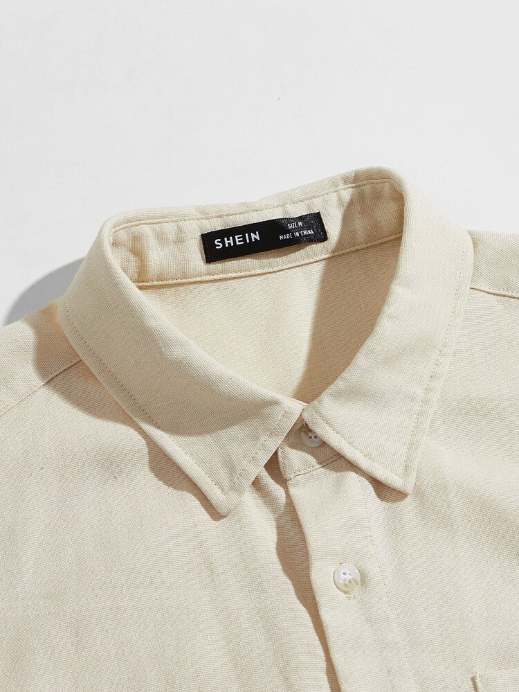 Manfinity 男士貼布口袋素色襯衫 - 杏色 - 查看 3