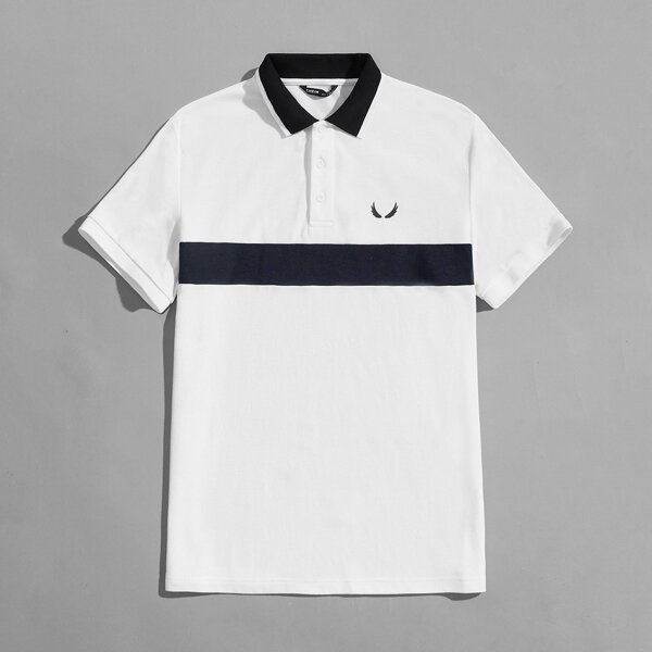 

Men Graphic Print Contrast Collar Polo Shirt, White