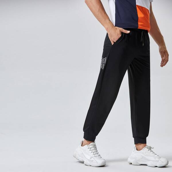 

Men Drawstring Waist Slogan Graphic Sweatpants, Black