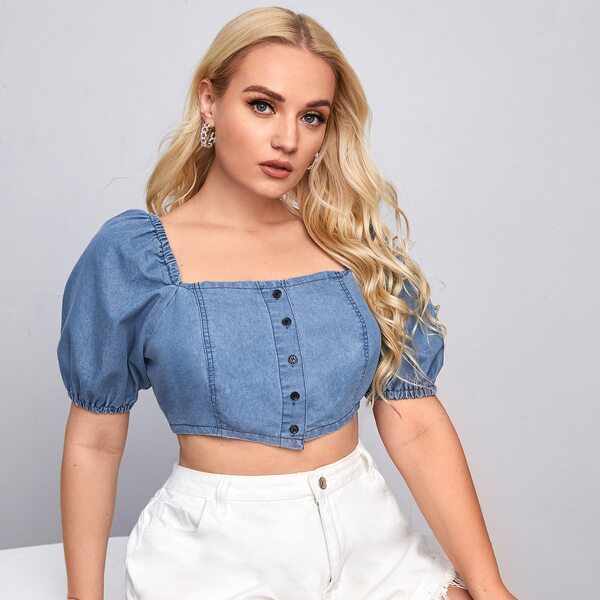 

Plus Puff Sleeve Button Front Denim Top, Light wash