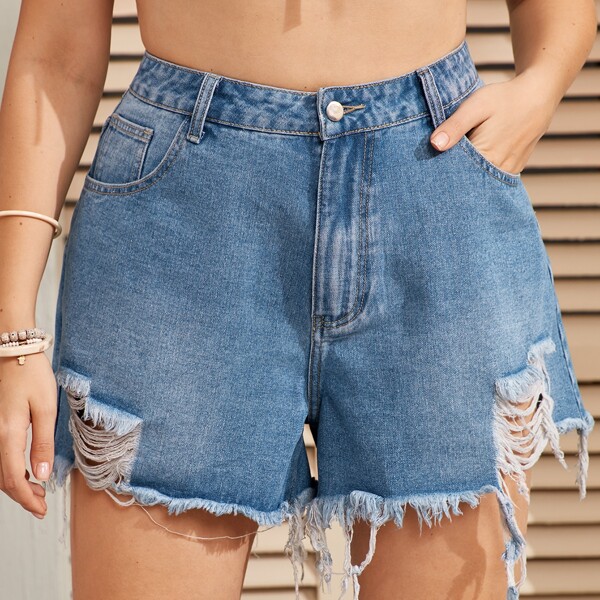 

Plus Ripped Raw Hem Denim Shorts, Medium wash