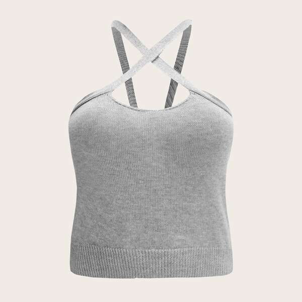 

Plus Crisscross Cut-out Solid Knit Top, Light grey